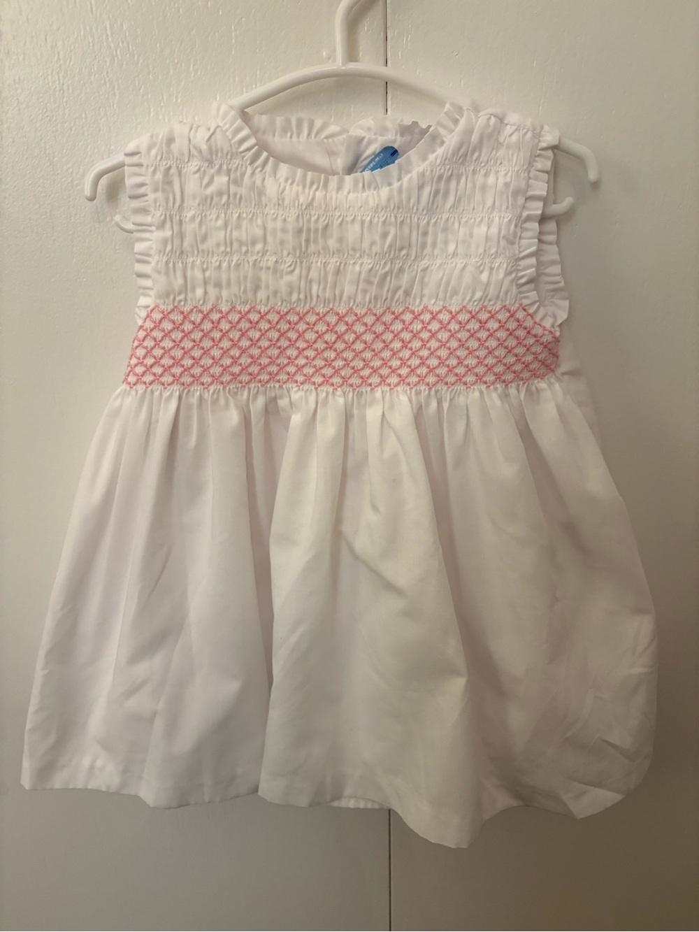 White Smocked Girls Dress with Pink Embroidery